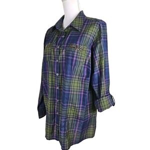 Dressbarn ~Woman Plus Size 1X~ Green/Pink Plaid Button-Up Long Sleeve Shirt Top.